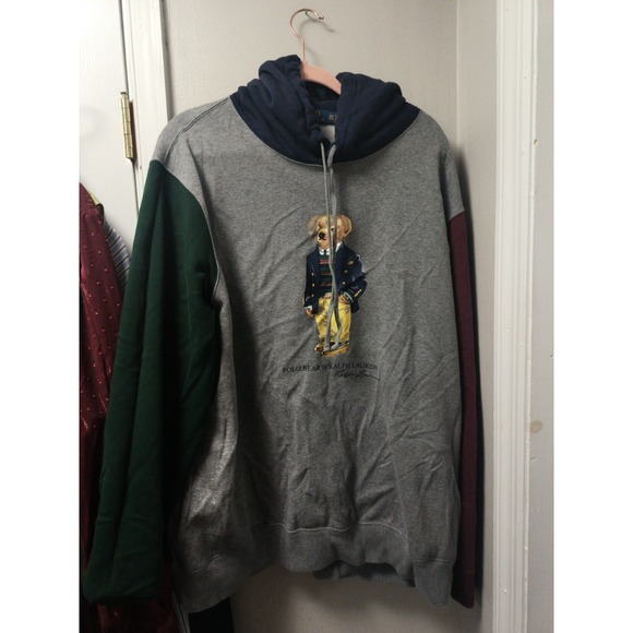 Polo Ralph Lauren Hoodie Mens XXL Polo Bear Gray Colorblock Fleece Sweatshirt